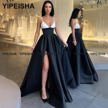 Yipeisha Špagety Popruhy Čiernej a Bielej Prom Šaty Satin Predné Štrbinou Party Šaty s Vreckami Dlhé Večerné Šaty Plus Veľkosť