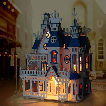 [ Zábavné ] Svitu Alice Dream Villa hrad svetlo DIY Drevené Miniatura Doll House Nábytok Ručné 3D Stavebné bloky dievča hračka